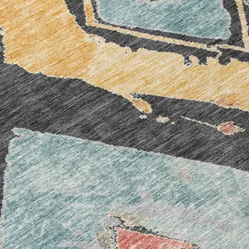 3' X 5' Charcoal Gold And Coral Geometric Washable Indoor Outdoor Area Rug