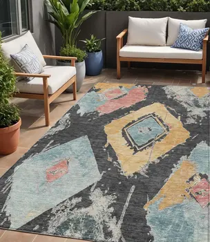 5' X 8' Charcoal Gold And Coral Geometric Washable Indoor Outdoor Area Rug