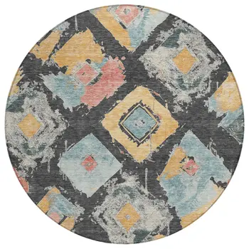 8' Charcoal Gold And Coral Round Geometric Washable Indoor Outdoor Area Rug