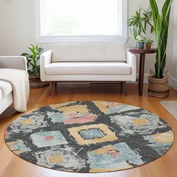 8' Charcoal Gold And Coral Round Geometric Washable Indoor Outdoor Area Rug
