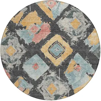 8' Charcoal Gold And Coral Round Geometric Washable Indoor Outdoor Area Rug