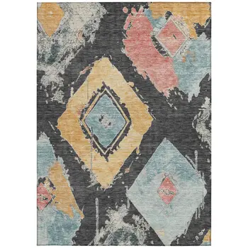 9' X 12' Charcoal Gold And Coral Geometric Washable Indoor Outdoor Area Rug