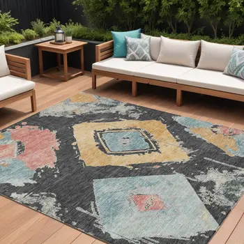 9' X 12' Charcoal Gold And Coral Geometric Washable Indoor Outdoor Area Rug