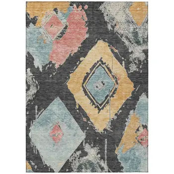 10' X 14' Charcoal Gold And Coral Geometric Washable Indoor Outdoor Area Rug