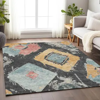 10' X 14' Charcoal Gold And Coral Geometric Washable Indoor Outdoor Area Rug