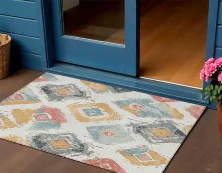 3' X 5' Ivory Gray Gold And Blush Geometric Washable Indoor Outdoor Area Rug