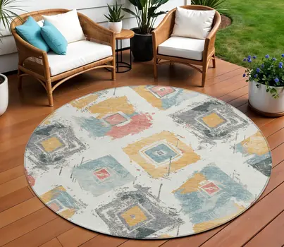 8' Ivory Gray Gold And Blush Round Geometric Washable Indoor Outdoor Area Rug