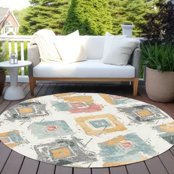8' Ivory Gray Gold And Blush Round Geometric Washable Indoor Outdoor Area Rug