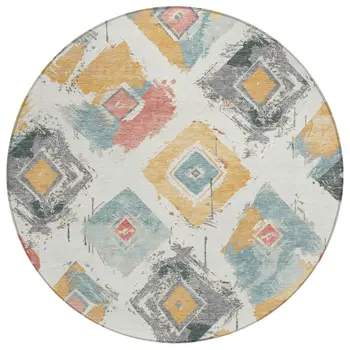 8' Ivory Gray Gold And Blush Round Geometric Washable Indoor Outdoor Area Rug
