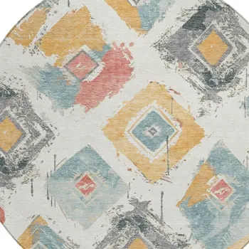 8' Ivory Gray Gold And Blush Round Geometric Washable Indoor Outdoor Area Rug