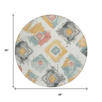8' Ivory Gray Gold And Blush Round Geometric Washable Indoor Outdoor Area Rug