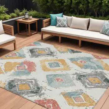 8' X 10' Ivory Gray Gold And Blush Geometric Washable Indoor Outdoor Area Rug