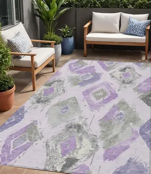 5' X 8' Lavender Gray And Ivory Geometric Washable Indoor Outdoor Area Rug