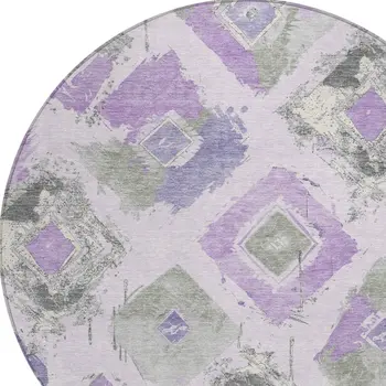 8' Lavender Gray And Ivory Round Geometric Washable Indoor Outdoor Area Rug