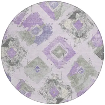 8' Lavender Gray And Ivory Round Geometric Washable Indoor Outdoor Area Rug