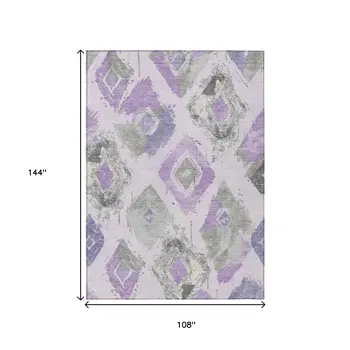 9' X 12' Lavender Gray And Ivory Geometric Washable Indoor Outdoor Area Rug