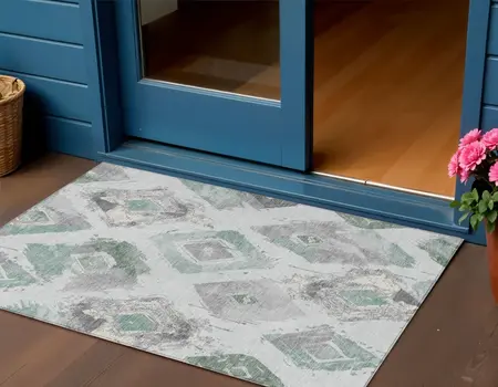 3' X 5' Pale Aqua Mint Green And Gray Geometric Washable Indoor Outdoor Area Rug