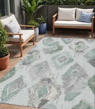 5' X 8' Pale Aqua Mint Green And Gray Geometric Washable Indoor Outdoor Area Rug