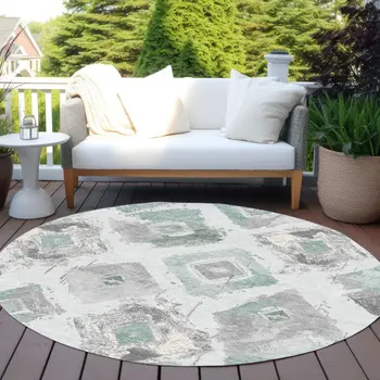 8' Pale Aqua Mint Green And Gray Round Geometric Washable Indoor Outdoor Area Rug