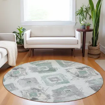 8' Pale Aqua Mint Green And Gray Round Geometric Washable Indoor Outdoor Area Rug