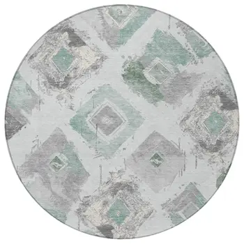 8' Pale Aqua Mint Green And Gray Round Geometric Washable Indoor Outdoor Area Rug