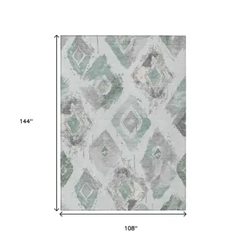 9' X 12' Pale Aqua Mint Green And Gray Geometric Washable Indoor Outdoor Area Rug