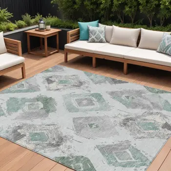 9' X 12' Pale Aqua Mint Green And Gray Geometric Washable Indoor Outdoor Area Rug