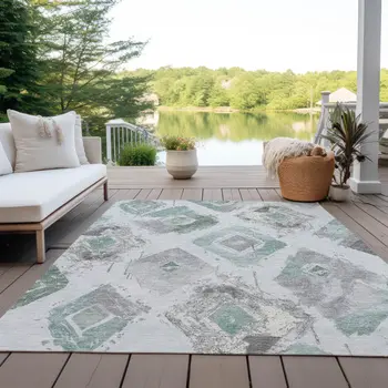 10' X 14' Pale Aqua Mint Green And Gray Geometric Washable Indoor Outdoor Area Rug