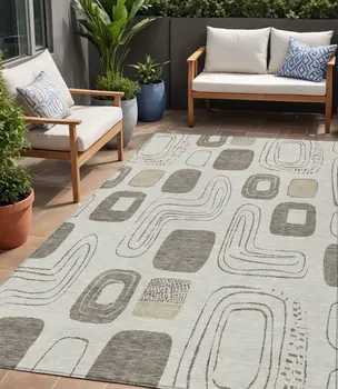 5' X 8' Beige Taupe And Tan Geometric Washable Indoor Outdoor Area Rug