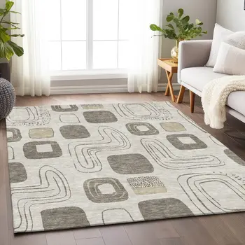 5' X 8' Beige Taupe And Tan Geometric Washable Indoor Outdoor Area Rug