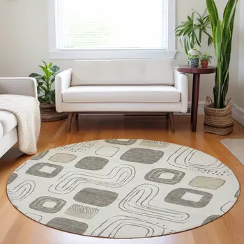 8' Beige Taupe And Tan Round Geometric Washable Indoor Outdoor Area Rug