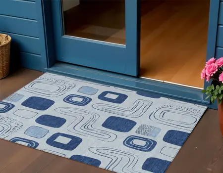 3' X 5' Blue And Sky Blue Geometric Washable Indoor Outdoor Area Rug