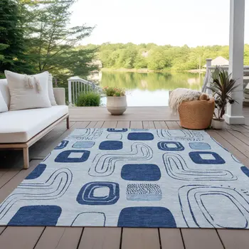 5' X 8' Blue And Sky Blue Geometric Washable Indoor Outdoor Area Rug