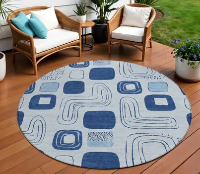 8' Blue And Sky Blue Round Geometric Washable Indoor Outdoor Area Rug