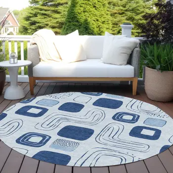8' Blue And Sky Blue Round Geometric Washable Indoor Outdoor Area Rug
