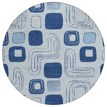 8' Blue And Sky Blue Round Geometric Washable Indoor Outdoor Area Rug