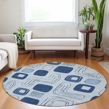 8' Blue And Sky Blue Round Geometric Washable Indoor Outdoor Area Rug