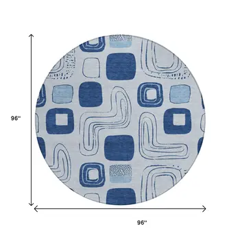 8' Blue And Sky Blue Round Geometric Washable Indoor Outdoor Area Rug