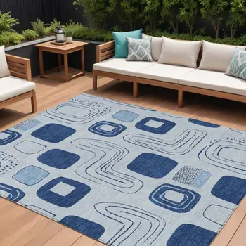 9' X 12' Blue And Sky Blue Geometric Washable Indoor Outdoor Area Rug