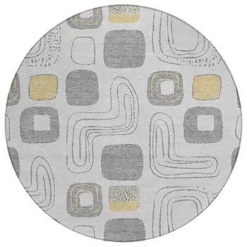 8' Gray Silver And Gold Round Geometric Washable Indoor Outdoor Area Rug