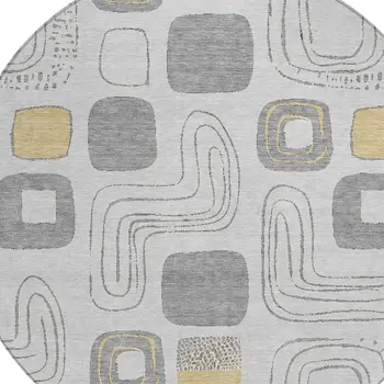 8' Gray Silver And Gold Round Geometric Washable Indoor Outdoor Area Rug
