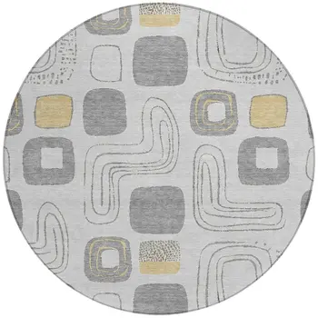 8' Gray Silver And Gold Round Geometric Washable Indoor Outdoor Area Rug
