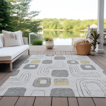 10' X 14' Gray Silver And Gold Geometric Washable Indoor Outdoor Area Rug