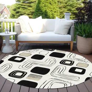 8' Ivory Black And Beige Round Geometric Washable Indoor Outdoor Area Rug
