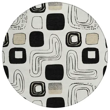 8' Ivory Black And Beige Round Geometric Washable Indoor Outdoor Area Rug
