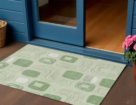 3' X 5' Mint Green And Ivory Geometric Washable Indoor Outdoor Area Rug
