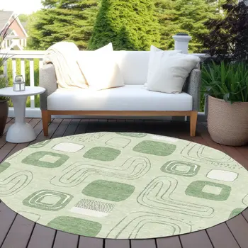 8' Mint Green And Ivory Round Geometric Washable Indoor Outdoor Area Rug