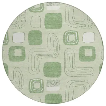 8' Mint Green And Ivory Round Geometric Washable Indoor Outdoor Area Rug