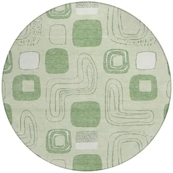 8' Mint Green And Ivory Round Geometric Washable Indoor Outdoor Area Rug