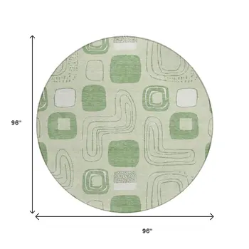 8' Mint Green And Ivory Round Geometric Washable Indoor Outdoor Area Rug